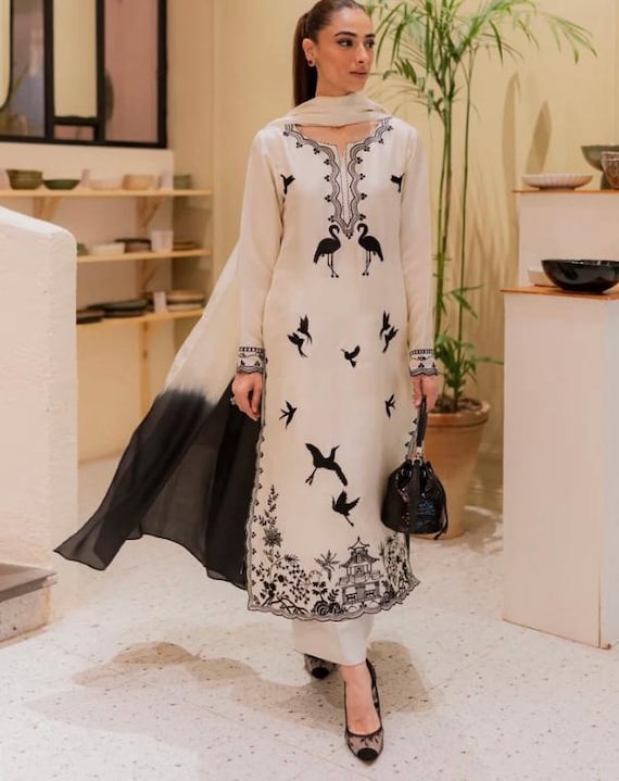 black and white pakistani designer dresses Pakistani 3 Piece Black&white Stitched Summer Lawn,women Lawn Dress,readytowear  Designer Dress,casual Wear,indian Embroided Lawn,luxury Lawn