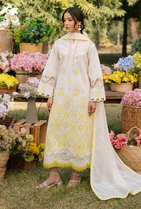 Pakistani White Stitched Premium Lawn Designer Lawn Dress for