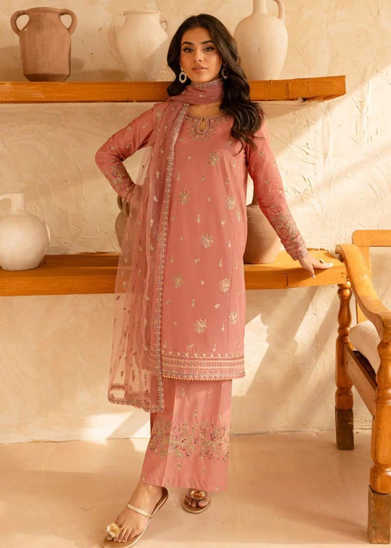 Indian Pakistani Pink Stitched Embroided Summer Lawn,Casual Dress,ReadytoWear Designer Dress ,2 Piece Summer Wear,Festive Wear,coord set