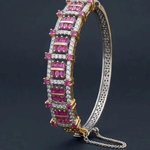 Natural Ruby Silver Bracelet | Gold Art Deco Baguette Ruby Bangle | Genuine Gemstone Jewelry for Women | July Birthstone Gift for Her