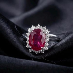 May include: A silver ring featuring a large, oval-cut ruby gemstone surrounded by a halo of smaller, round diamonds. The ruby has a deep red color, and the diamonds sparkle against the dark background.