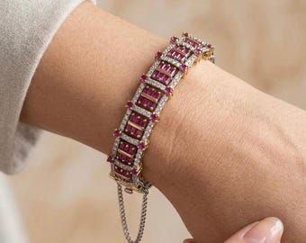 Natural Ruby Silver Bracelet | Gold Art Deco Baguette Ruby Bangle | Genuine Gemstone Jewelry for Women | July Birthstone Gift for Her