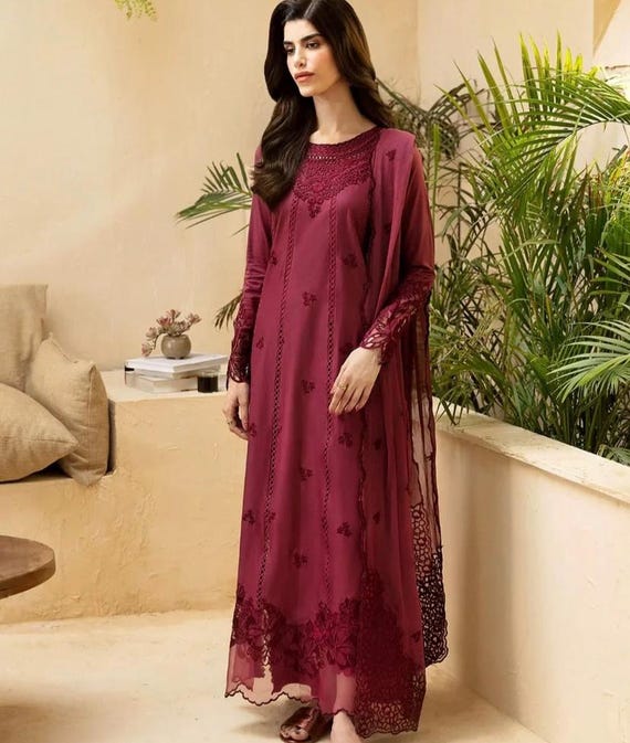 Indian Pakistani 3 Piece Maroon Red Stitched Embroided Summer Lawn,casual  Dress,readytowear Designer Dress ,ethnic Summer Wear,festive Wear - Etsy