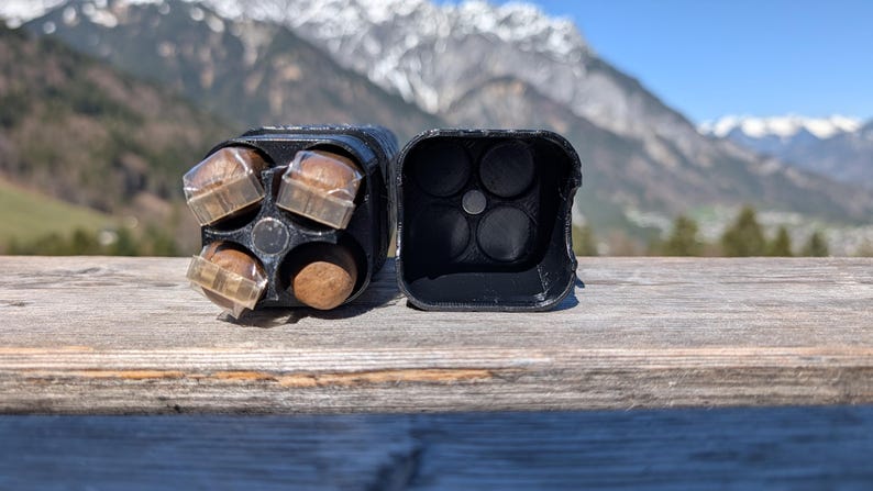 May include: Black, open container with four compartments, each holding a small, round object. The container is next to a matching, empty container. The background features a wooden surface and a mountain range.
