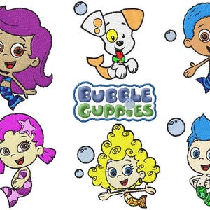 May include: Embroidered patches featuring characters from the children's show Bubble Guppies. The patches include a mermaid with purple hair, a puppy, a boy with blue hair, a mermaid with pink hair, a mermaid with yellow hair, and a boy with blue hair.