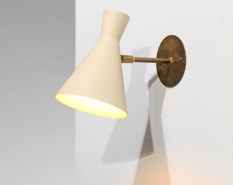 Mid-Century Modern Double Cone Wall Sconce: Blue & White Metal, Brass Finish