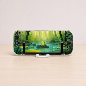 Custom Cute Frog Pond Case for Switch, OLED, Lite and Switch 2, Clear Hard Shell Cover, Green Forest Lily Pad Console Skin