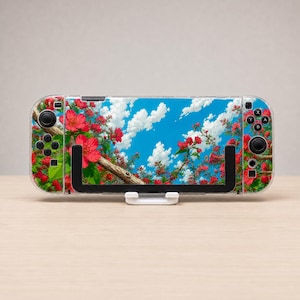 Custom Red Flower Blossom Sky Case for Switch, OLED, Lite and Switch 2, Clear Hard Shell Cover, Vibrant Botanical Console Skin