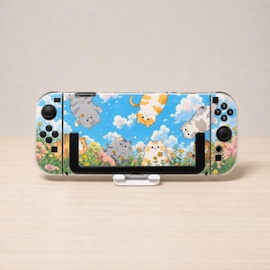 Custom Playful Cats in Flower Garden Case for Switch, OLED, Lite and Switch 2, Clear Hard Shell Cover, Kawaii Cat Meadow Console Skin