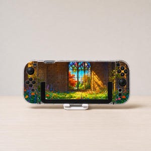 Custom Enchanted Garden Window Case for Switch, OLED, Lite and Switch 2, Clear Hard Shell Cover, Fantasy Castle Stained Glass Console Skin