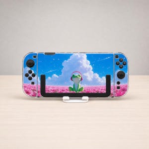 Custom Cute Frog with Headphones Case for Switch, OLED, Lite and Switch 2, Clear Hard Shell Cover, Kawaii Pink Flower Field Console Skin