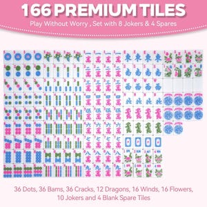 May include: A set of 166 white Mahjong tiles featuring colorful engraved symbols, including dots, bams, cracks, dragons, winds, flowers, and jokers. The text 166 PREMIUM TILES, Play Without Worry, Set with 8 Jokers & 4 Spares is displayed at the top.