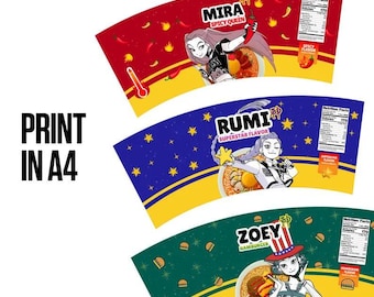 Kpop Demon Hunters, Cup Noodle Labels Ramyeon, Cosplay Party Huntrix Ramen, Rumi, Mira, Zoey, Kpop-feest, Afdrukbaar pakket, Halloweenfeest