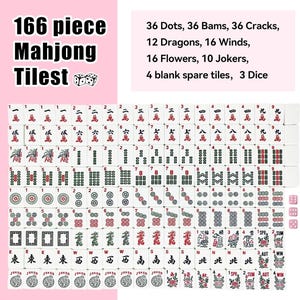Może przedstawiać: Zestaw 166 płytek do gry w Mahjong z 3 kostkami. Zestaw zawiera 36 kropkowych, 36 bambusowych, 36 znakowych, 12 smok&oacute;w, 16 wiatr&oacute;w, 16 kwiat&oacute;w, 10 joker&oacute;w i 4 puste płytki. Każda biała płytka ma wygrawerowane czarne, czerwone lub zielone symbole.