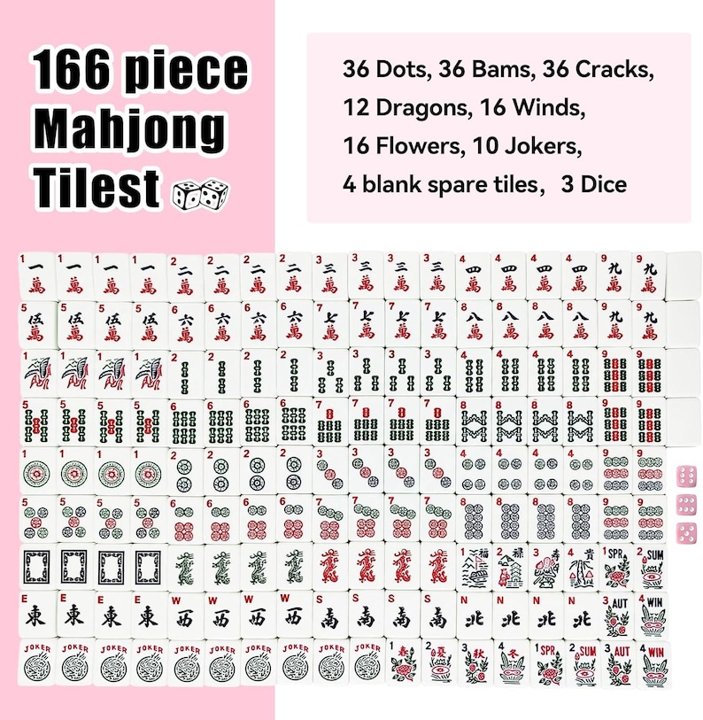 Może przedstawiać: Zestaw 166 płytek do gry w Mahjong z 3 kostkami. Zestaw zawiera 36 kropkowych, 36 bambusowych, 36 znakowych, 12 smok&oacute;w, 16 wiatr&oacute;w, 16 kwiat&oacute;w, 10 joker&oacute;w i 4 puste płytki. Każda biała płytka ma wygrawerowane czarne, czerwone lub zielone symbole.