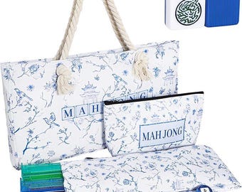 May include: A white tote bag and matching zippered pouch featuring a blue floral and bird pattern with the text MAH JONG. Includes a set of colorful translucent tile racks, white tiles with blue backs, a joker tile, and small circular game tokens.