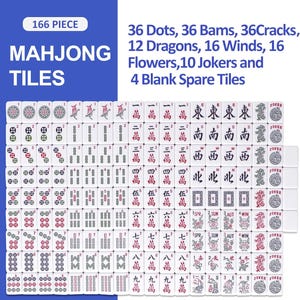 Puede incluir: Un juego de 166 fichas de Mahjong blancas con dise&ntilde;os en tinta roja, verde y negra. El conjunto incluye puntos, bamb&uacute;es, caracteres, dragones, vientos, flores, comodines y fichas en blanco, con texto que detalla las cantidades de cada tipo.