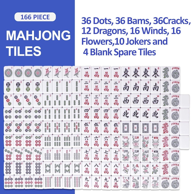 Puede incluir: Un juego de 166 fichas de Mahjong blancas con dise&ntilde;os en tinta roja, verde y negra. El conjunto incluye puntos, bamb&uacute;es, caracteres, dragones, vientos, flores, comodines y fichas en blanco, con texto que detalla las cantidades de cada tipo.