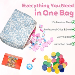 May include: A mahjong set featuring a quilted blue and white floral carrying bag, 166 tiles, professional chips, dice, and an instruction card. The text "Everything You Need in One Bag" is displayed alongside a list of the included game components.