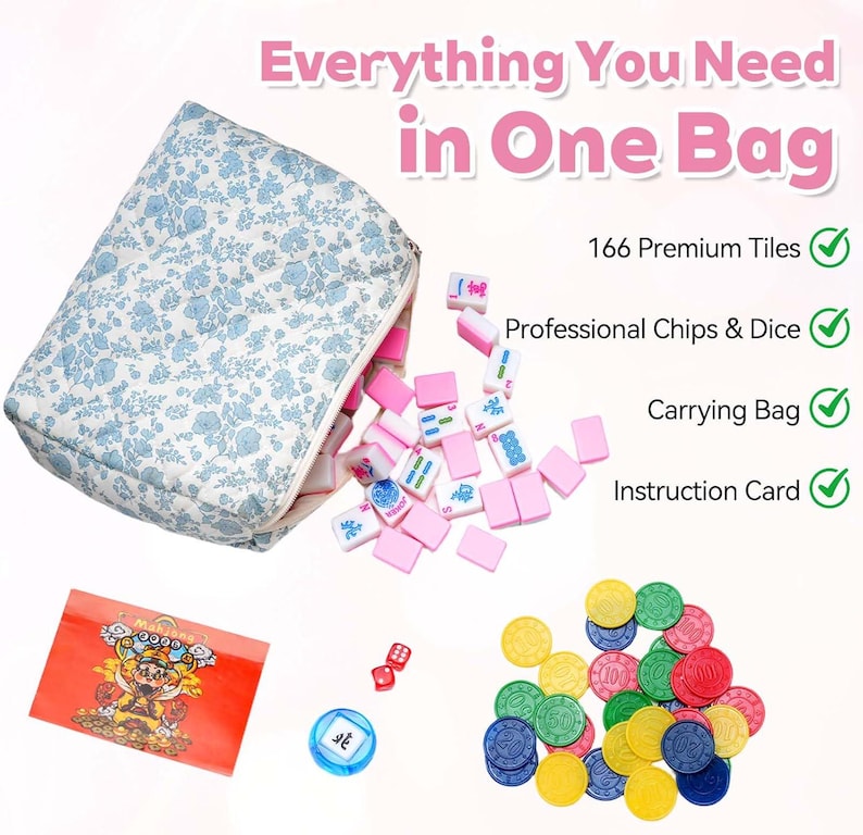 May include: A mahjong set featuring a quilted blue and white floral carrying bag, 166 tiles, professional chips, dice, and an instruction card. The text "Everything You Need in One Bag" is displayed alongside a list of the included game components.