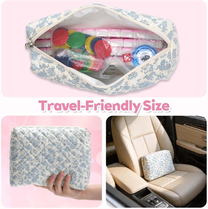 May include: A quilted pouch with a blue floral pattern on a white background. The pouch is shown open, revealing colorful game tokens and tiles inside, and is also displayed closed in a hand and resting on a tan car seat with the text Travel-Friendly Size.
