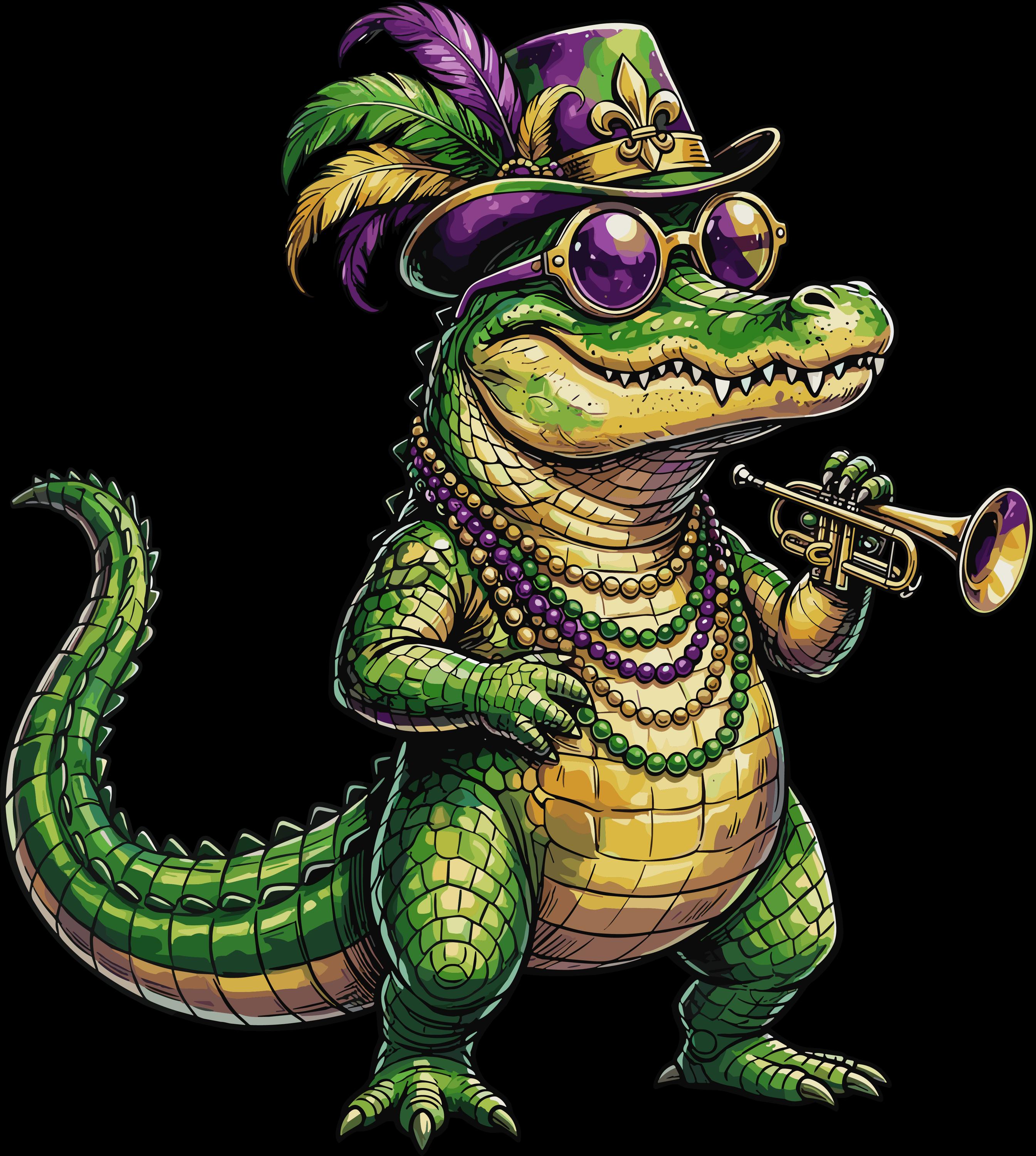 Mardi Gras Alligator PNG , Colorful Jazz Gator With Trumpet & Beads ...