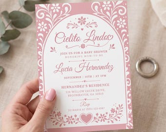 May include: A pink baby shower invitation with floral and heart designs. The invitation reads "Cielito Lindos" and includes details for Lucia Hernandez's baby shower, including the date, time, and location.