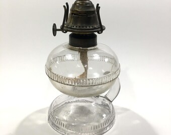 Vintage RARE Clear Glass Oil Lamp w/Handle and Wick