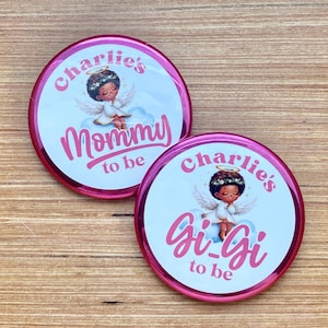 Personalized Baby Shower Name Buttons for Mommy to be pins with angels party favor with custom family name auntie grandma pinback