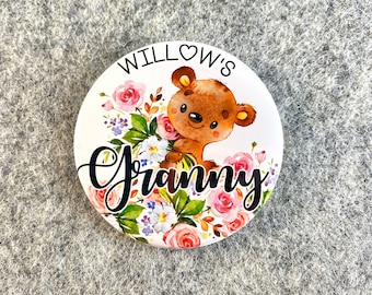 Personalized Party Pins for teddy bear baby shower Mommy to be button  with custom text Bearly Wait family name badges for Grandma to be