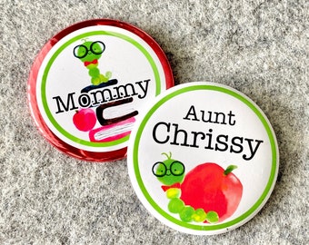 Bookworm Baby shower pin Mommy to be pin family name badges personalized pinback button teacher name tags for school reading club Storybook