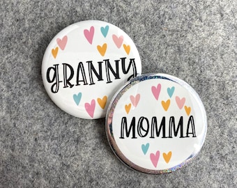 Personalized name pin Rainbow Heart shower pinback button for custom baby shower gift for Mommy to be badge for event with customized text