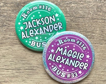 Pin for school bookbag back to school pin with name tag for bus rider number kid button with Personalized name Teacher classroom pinback