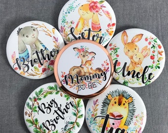 Woodland baby shower | Mommy to be pins | Forrest baby animal | Personalized Name badges | Custom Party Pin | Baby Shower Buttons | SERIES 2