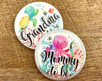 Ocean baby shower Pins | Mommy to be buttons |  Under the Sea Mermaid friends | Family name buttons for baby showers | summer beach baby