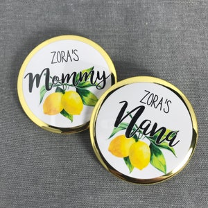 Personalized pinback button gift for mommy to be shower Bridal party pin with name Mediterranean Summer  Citrus Brunch badge name