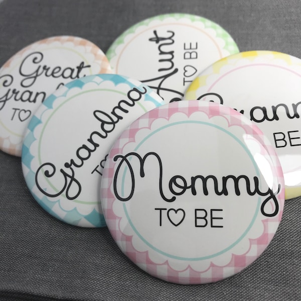 Custom party pin with checkered pattern for baby shower buttons with names for family member personalized event name button for new grandma