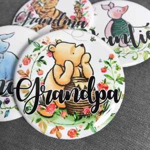 Classic Winnie the Pooh Baby Shower pins | personalized family name badges | Mommy to be | Storybook baby shower | Party Pins with names