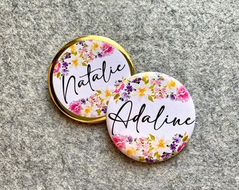 Personalized Name Pin Pretty floral Mommy to be button for shower family name badge with custom text wedding bridal shower favor mirror