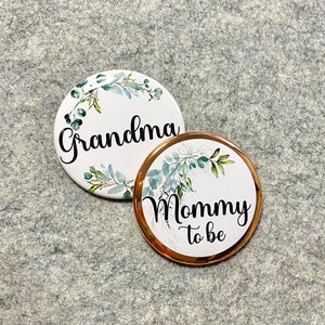 Baby Shower Name Buttons |  Mommy to be Corsage pin | Personalized family name badge | Bridal shower favors | Pinback buttons for parties