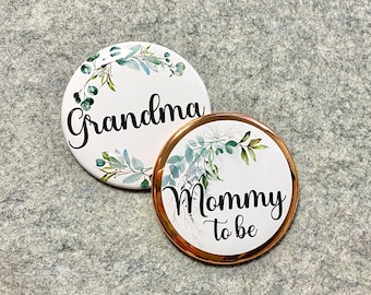 Baby Shower Name Buttons |  Mommy to be Corsage pin | Personalized family name badge | Bridal shower favors | Pinback buttons for parties