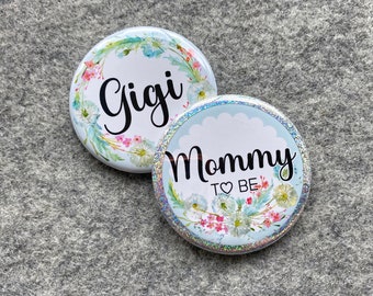 Personalized Baby Shower Name Buttons |  Mommy to be pin | Custom family name badge | Bridal shower favors | Dandelion buttons for parties