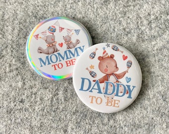 Custom party pins for Circus baby shower Mommy to be pinback buttons with family names on badges for carnival name tags for birthday parties