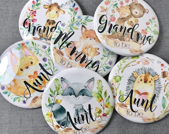 Woodland Animals baby shower Pins | Mommy to be Forrest baby animal name badges pinback button, Compact Pocket Mirror, Magnet bottle opener