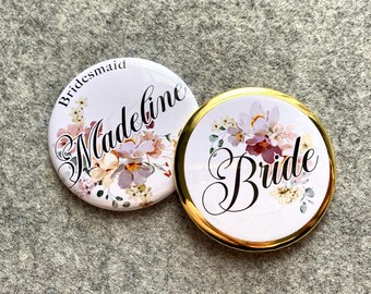 Custom buttons of bridal shower pin with personalized family name badge with Custom text mommy to be gift idea with wildflower button pin