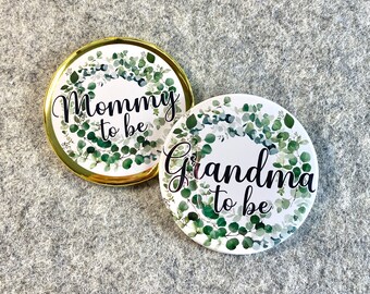 Mommy to be pin | Eucalyptus Greenery wreath | Personalized party Buttons | Rustic Greenery Wedding Bridal party tags | Baby shower name pin