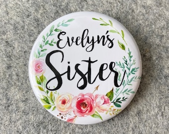 Girl Baby shower family name pins | Pinback buttons with names | Mommy to be custom Pregnancy announcement  | Personalized party Pins badges