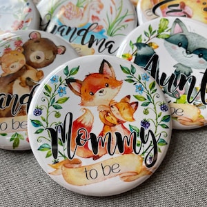 Personalized pins for party Woodland Animals baby shower Pin gift Mommy to be Forrest animal name badges for family name tag custom buttons
