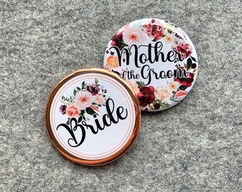 Personalized pinback button gift for bride to be Peach flower name badges Customized for any party gift for mommy to be baby in bloom event