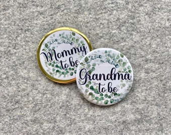 Custom pinback buttons | Gender neutral pregnancy announcement | personalized family party name badge | Eucalyptus Greenery leaves
